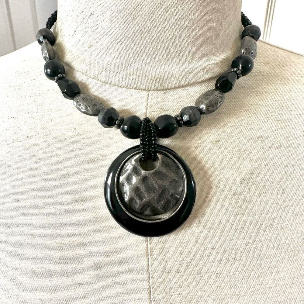 Laura Ashley black double strand beaded pendant necklace